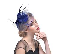 UBRAVE Flower Feather Headband Fascinator with Clip, Flower Feather Fascinator Hat, Net Veil Headband for Royal Ascot Races, Bridal Shower, Cocktail Tea Party, Navy Blue