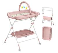 UBRAVOO Baby Portable Diaper Changing Table, Folding Diaper Changing Station with Wheels, Adjustable Height Nursery Changing Table with Nursery Organizer & Storage Rack for Newborn Baby (Pink)