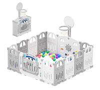 UBRAVOO Foldable Baby Playpen with Mini Basketball Hoop & 50Pcs Coloured Pit Balls, Car Theme Playpen for Baby and Toddlers, Large & Fun Indoor Activity Centre (14-Panel, Grey-White)