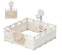 UBRAVOO Foldable Baby Playpen with Mini Basketball Hoop & 50Pcs Coloured Pit Balls, Car Theme Playpen for Baby and Toddlers, Large & Fun Indoor Activity Centre (14-Panel, Milky-White)