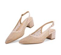 UBWDU Women's Rhinestone Mesh Slingback Heels Chunky Block Pumps | Sparkly Pointed Toe Heeled Heels Sexy Wedding Dress Party Shoes