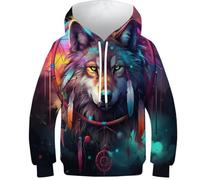 UBZKJDEUI Wolf Boys Hoodies 3D Novelty Pullover Sleeve Pullover Hoodie Long Pockets Zipper Long Sleeve Clothes 13-15Y