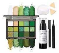 UCANBE Halloween Makeup Kit - 15-Color Green Eyeshadow Palette, White Liquid Foundation, Black Liquid Lipstick & Eyeliner, Setting Powder & Sponges Makeup Set for SFX Cosplay Costume Witch Monster
