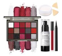 UCANBE Halloween Makeup Kit - 15-Color Red Eyeshadow Palette, White Liquid Foundation, Red Liquid Lipstick, Black Eyeliner, Setting Powder & Sponges Makeup Set for SFX Cosplay Costume Clown Vampire