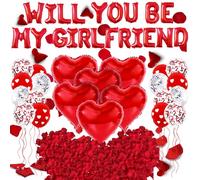 Ucatcher Will You Be My Girlfriend Balloons with 1000Pcs Artificial Rose Petals Valentine'S Day Balloon Decorations Red Love Heart Foil Latex Balloons for Confession Proposal Supplies (Red)