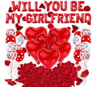 Ucatcher Will You Be My Girlfriend Balloons with 1000Pcs Artificial Rose Petals Valentine'S Day Balloon Decorations Red Love Heart Foil Latex Balloons