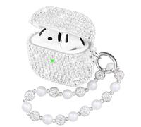 Ucharmbead Compatible with AirPods 4 Case Protective Glitter Diamond Rhinestone Silver Case for AirPods 4th Generation with Luxury Shining Keychain for Women