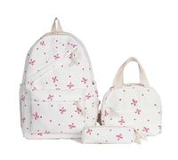UCK-KIT Bow Backpack with Lunch Box 3Pcs Set for Girls, Aesthetic Daypack Bow Rucksack, Kawaii School Bags Floral Preppy Backpack with Insulated Lunch Tote And Pencil Pouch,light pink
