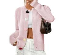 UCK-KIT Women Heart Fuzzy Knit Cardigan Sweater, Soft and Comfortable Heart-Shaped Button Knitted Sweater,Pink,S