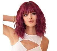 Ucubb Short Bob Wig with Bangs for Women Wine Red Synthetic Curly Wavy Heat Resistant Fiber Natural Looking