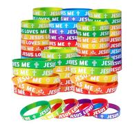 Ucuse 60PCS Jesus Loves Me Silicone Wristbands 10 Styles Rainbow Religious Bracelets Vbs Party Favors Gifts Christian Cross Silicone Wristbands Gift for Bible Sunday School Church Group