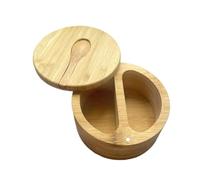 Ucuse Round Double Lattice Bamboo Seasoning Box With Spoon, Salt Box, For Storing Salt, Pepper, Sugar And Vanilla Small Spice Box