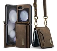 UDBKKDX Wallet Case For Samsung Galaxy Z Flip 3, Matte Leather With Viewing Stand Camera Lens Protection Shockproof Card Holders Cover With Shoulder Straps case cover Coffee