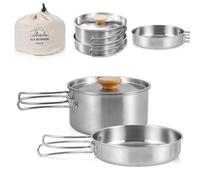Udbrud Camping Cookware Set, Outdoor Cooking Pan Pot with Lid and Folding Handle, Portable Stainless Steel Picnic Cookware Stove Set for Hiking, Backpacking, Picnics