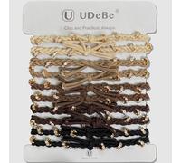 UDeBe 10pcs Braided Boho Hair Ties with Gold & Crystal Accents, Elastic Ponytail Holders for Women, Neutral Colors