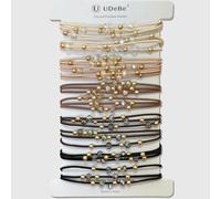 UDeBe 10pcs Brown Hair Ties with Gold & Crystal Beads, Thin Elastic Ponytail Holders for Women, No Damage, Stylish Hair Accessories