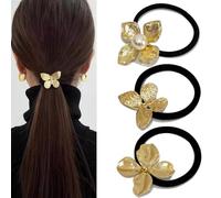 UDeBe 3PCS Gold Metal Hair Ties - No Damage Thick Band, High Elasticity, Durable, Stylish Gold Geometric Ponytail Holders Hair Accessories for Women