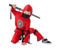 Udekit Red Ninja Costume with Hood, Pants Ribbons and Toy Sword for Kids Halloween Cosplay Party 6 to 8