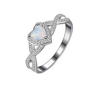 UDFAKUEI Women Heart Fire Opal Ring 925 Silver Split Pave Zircon Engagement Jewelry Carved Ring (Silver, B)