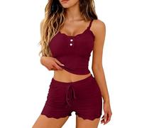 UDFAKUEI womens long pyjamas set 2 pack ladies pyjamas size 12 - ladies nightwear size 18 uk Cotton Pajama Set Lace Trim Cami Tops Shorts - Short Sleeve Top and Shorts - Leisure Cuffed Wine