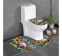 UDFKGLP Flamingo and Sunflowers Printed Anti-Slip Bathroom Rugs Set - 3-Piece Contour, Oval & Rectangular Mats for Toilet, Vanity & Restrooms