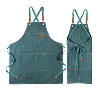 UDIANIS Chef Apron for Men Women - Cross Back Workshop Apron for Cooking, Baking, BBQ, Art Painting - Heavy Duty Denim Work Apron with Pockets for Garden, Craft, Garage (Green)