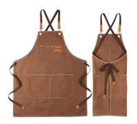 UDIANIS Chef Apron for Men Women - Cross Back Workshop Apron for Cooking, Baking, BBQ, Art Painting - Heavy Duty Denim Work Apron with Pockets for Garden, Craft, Garage (Brown)