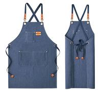 UDIANIS Chef Apron for Men Women - Cross Back Workshop Apron for Cooking, Baking, BBQ, Art Painting - Heavy Duty Denim Work Apron with Pockets for Garden, Craft, Garage (Blue)