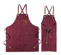 UDIANIS Chef Apron for Men Women - Cross Back Workshop Apron for Cooking, Baking, BBQ, Art Painting - Heavy Duty Denim Work Apron with Pockets for Garden, Craft, Garage (Red)