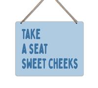 Udinaz Hot Blue Funny Sweet Cheeks Hanging Sign for Bathroom, Funny Bathroom Wall Decor, Take a Seat Sweet Cheeks Humorous Hanging Wood Plaque Decor for Bath Room Washroom Wall Door Decorations