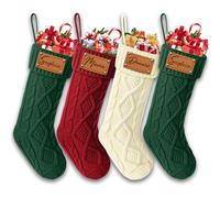 Udiyfun Personalised Christmas Stockings, Custom Christmas Stocking with Leather Laser Engraving Name, 46CM Large, Customised Knitted Xmas Stockings, Christmas Hanging Decor, Gifts for Family 4 Pcs