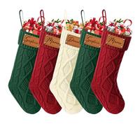 Udiyfun Personalised Christmas Stockings, Custom Christmas Stocking with Leather Laser Engraving Name, 46CM Large, Customised Knitted Xmas Stockings, Christmas Hanging Decor, Gifts for Family 5 Pcs