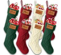 Udiyfun Personalised Christmas Stockings, Custom Christmas Stocking with Leather Laser Engraving Name, 46CM Large, Customised Knitted Xmas Stockings, Christmas Hanging Decor, Gifts for Family 8 Pcs
