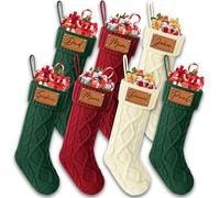 Udiyfun Personalised Christmas Stockings, Custom Christmas Stocking with Leather Laser Engraving Name, 46CM Large, Customised Knitted Xmas Stockings, Christmas Hanging Decor, Gifts for Family 7 Pcs
