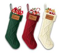 Udiyfun Personalised Christmas Stockings, Custom Christmas Stocking with Leather Laser Engraving Name, 46CM Large, Customised Knitted Xmas Stockings, Christmas Hanging Decor, Gifts for Family 1 Pcs