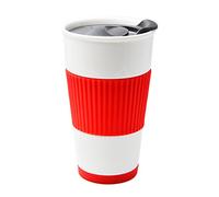 UDMG Ceramic Double Wall Insulated Travel Coffee Cup with Slider Lid, Silicone Sleeve & Built-In Coaster, 10 fl.oz (Red)