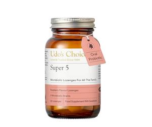 Udo's Choice Super 5 Probiotic Lozenges - 5 Strains for Gut & Oral Health - 2 Billion CFU - Raspberry Flavour - Sugar Free - Suitable for Adults & Kids - Travel-Friendly - 60 Vegetarian Lozenges