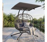 UDPATIO Hanging Egg Chair, Double Swing Chair with Stand, Adjustable Canopy & Footrest, Outdoor Wicker Hammock with 20cm Thick Cushion, Heavy Duty 280KG Capacity for Garden & Patio, Grey