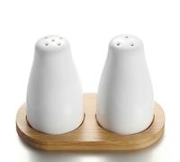 UDQYQ Ceramic Salt and Pepper Shakers Set with Bamboo Tray,2 PCS Modern White Salt & Pepper Shakers,Cute Salt Shaker Pepper Pots for Farmhouse Kitchen Table Décor