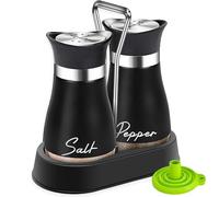 UDQYQ Salt and Pepper Shakers Set with Holder,Cruet Sets Stainless Steel Salt and Pepper with Glass Bottom,Refillable Salt Shaker Kitchen Gadgets for Counter Modern Decor Table (Black)