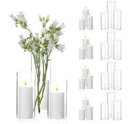 UDU Set of 12 White Pillar Candles and 12 Glass Cylinder Vases Hurricane Holders, Slim Pillar Candle Holder, Cylinder Vases for Centerpieces Wedding Table Party Home Decor(2.6" X 4.7", 5.9", 7.9")