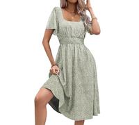 UEAL Womens Casual Floral Spring Dresses with Pockets Square Neck Knee Length Milkmaid Summer Sundresses for Women 2025, Sage Green, XXL