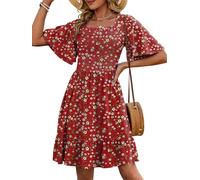 UEAL Womens Floral Spring Dresses 2026 Empire Waist Square Neck A-Line Casual Summer Sundresses, Red Floral, S