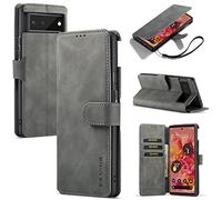UEEBAI Case for Google Pixel 6, Luxury PU Leather Case Vintage Wallet Flip Cover TPU Inner Shell [Card Slots] Magnetic Closure Stand Function Folio Shockproof Full Protection - Grey