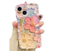 UEEBAI Case for iPhone 13, Cute Retro Oil Painting Flower Pattern, Curly Wave Grip, Soft TPU, Lens Drop Protection, Stylish Glossy Pretty Case for Girl Women - Orange Yellow