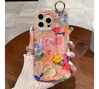 UEEBAI Case for iPhone 14 Plus/15 Plus, Colorful Oil Painting Flower Case with Phone Grip Pretty Glossy Wave Cover Cute Floral Curly Cover Phone Finger Strap Stand Shell for Women Girl, Love Flower