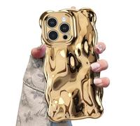 UEEBAI Case for iPhone 15 Pro, Cute Solid Color Curly Wave Shape Shockproof Soft TPU Bumper Phone Case, Candy Color Water Ripple 3D Silicone Slim Pretty Case Non-yellowing Cover - Gold