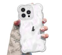 UEEBAI Case for iPhone 15 Pro, Cute Solid Color Curly Wave Shape Shockproof Soft TPU Bumper Phone Case, Oil Flower Water Ripple 3D Silicone Slim Pretty Case Non-yellowing Cover, Clear Pink