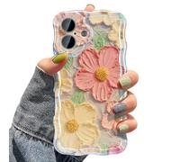 UEEBAI Case for iPhone 16 Plus, Colorful Retro Oil Painting Flower Case Pretty Glossy Pattern Wave Case Cute Sparkly Floral Curly Cover Stylish Soft Case for Women and Girl - Orange Yellow