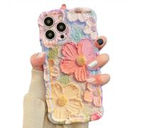 UEEBAI Case for iPhone 16 Pro Max - Colorful Retro Oil Painting Flower Case, Pretty Glossy Pattern Wave, Cute Sparkly Floral Curly Cover - Orange Yellow